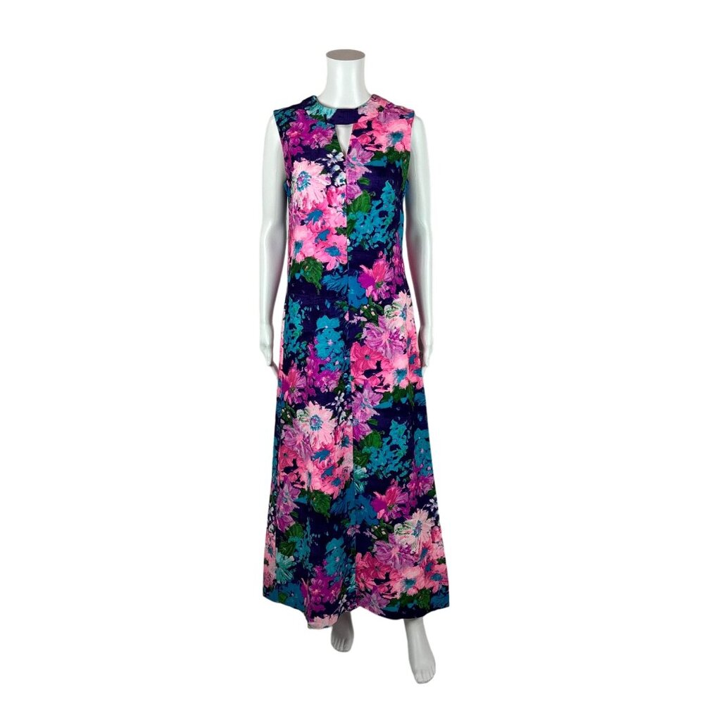 Vintage 70s Maxi Dress Women's Medium Purple Bright Floral Keyhole Neckline